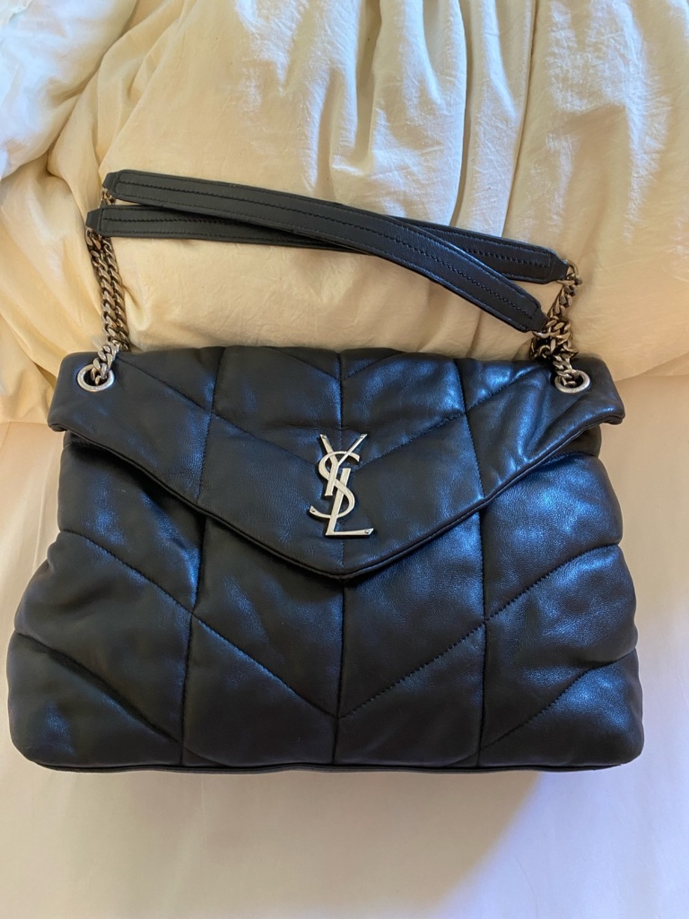 Saint Laurent Black Quilted Loulou Shoulder Bag with Silver YSL
